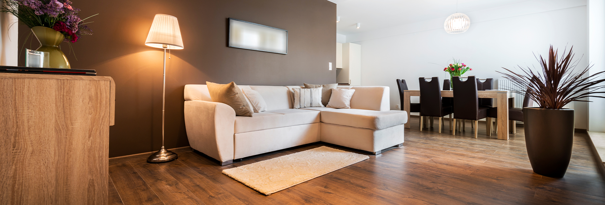 herringbone patterned hardwood in bright kitchen